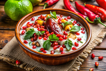 Healthy soup garnished with pomegranate seeds and dates on rustic wooden table