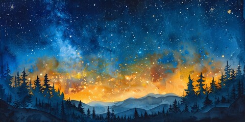Cosmic Night Sky with Stars Watercolor Background Generative AI