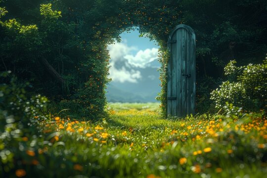 A serene image featuring a wooden door within an arch of flowers and vines, hinting at a hidden magical realm