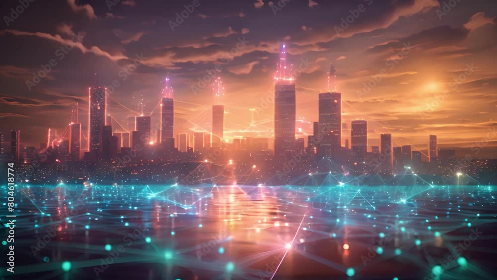 Poster twilight over a city with glowing buildings and a network of connected digital points.