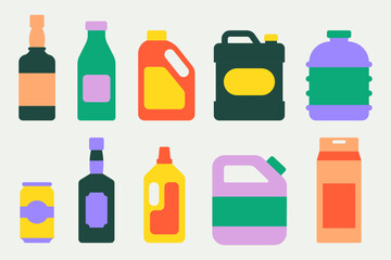 Set of various flat vector illustrations of bottles and jerrycans