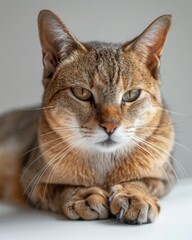 Fototapeta premium Close-up of Chausie cat resting on table, with intense gaze towards camera