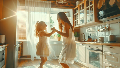 Happy mother and little daughter dancing and moving around the home