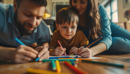 Fototapeta premium Happy young parents relaxing on couch while a child draws with colouring pencils