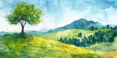 Serene Watercolor Landscape with Blue Tree and Mountain Generative AI