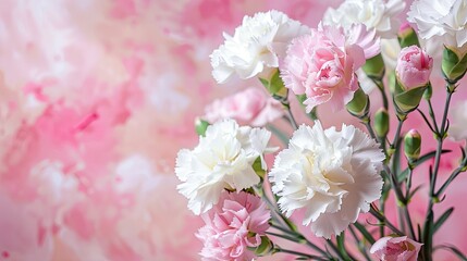 A stunning arrangement of white and pink carnation flowers set against a soft pastel backdrop Perfect for honoring Mother s Day Women s Day or adding a touch of elegance to a wedding celebr