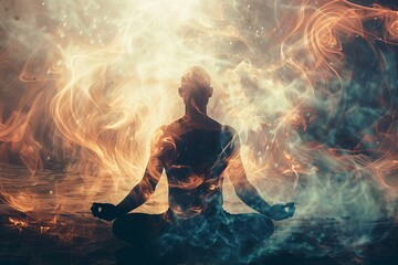 Obraz premium A surreal depiction of meditation, with a figure in a meditative pose surrounded by vibrant, fiery energy, symbolizing spiritual awakening and inner peace.