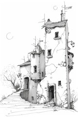 Obraz premium Quaint, Time-Worn Village Houses with Cracked Walls and Antique Charm in Monochrome Sketch