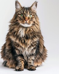 A long-haired cat with green eyes sitting gracefully