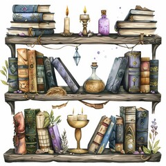 A whimsical watercolor illustration of magic bookshelves overflowing with ancient books, potions, crystals, and candles, perfect for witchcraft and fantasy themes.