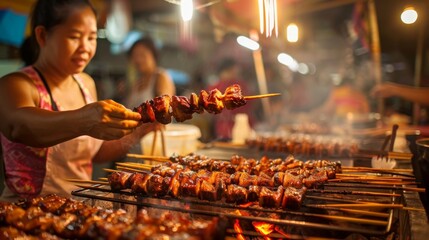 An Asian street food vendor grilling skewers of flavorful pork ribs, a culinary delight."