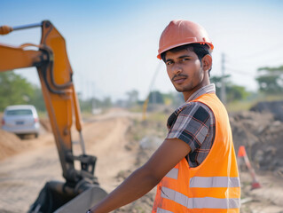 Indian male labor working at road site construction with jcb machinery