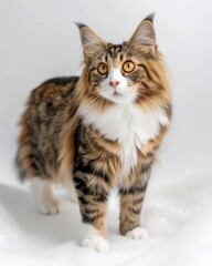 Fototapeta premium Brown and white Kurilian Bobtail cat standing proudly in a snowy landscape