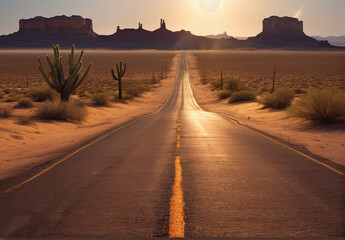 The landscape of the road stretching into the distance. The American highway. The wilderness, a rural country road. The empty road of dreams.  Desert background landscape emptiness