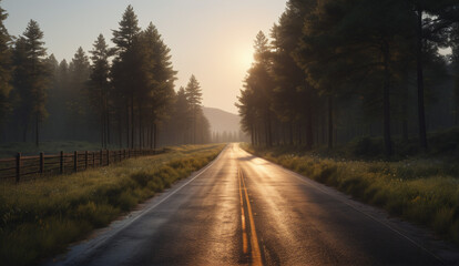 Fototapeta premium The landscape of the road stretching into the distance. The American highway. The wilderness, a rural country road. The empty road of dreams. Summer forest background landscape