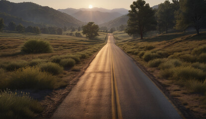 The landscape of the road stretching into the distance. The American highway. The wilderness, a rural country road. The empty road of dreams. Summer forest background landscape