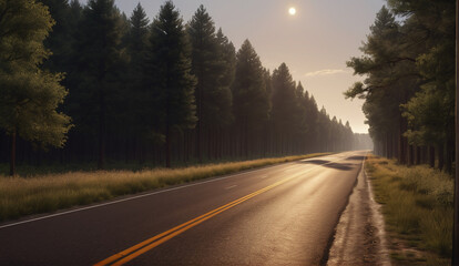 The landscape of the road stretching into the distance. The American highway. The wilderness, a rural country road. The empty road of dreams. Summer forest background landscape