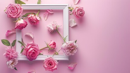 Captivating arrangement of exquisite flowers in a photo frame with a delicate pastel pink backdrop featuring lovely pink roses Perfect for Valentine s Day Easter birthdays Women s Day and M