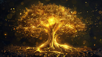 Golden glowing tree with yellow leaves on a black background. A fantasy illustration of a magical autumn tree with sparkling golden lights and roots