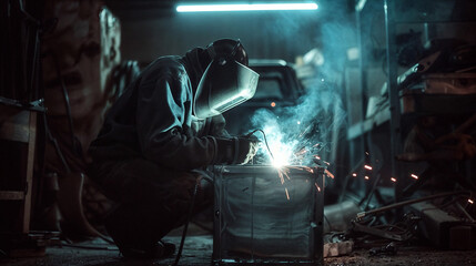 A welder works in a car repair shop. Sparks from welding.