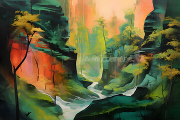 dreamy forest canyon, abstract landscape art, painting background, wallpaper, generative ai