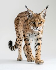 Obraz premium A small Savannah cat gracefully walks across a white surface, its eyes locked on the camera