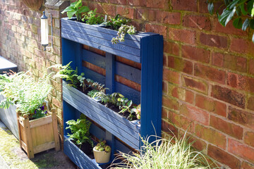 Recycled wooden pallet has been turned into a planter for the garden in an eco friendly upcycling...