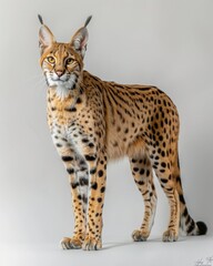 Obraz premium A striking Savannah cat gazes intently while standing on a pristine white surface