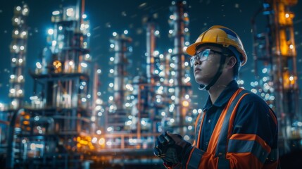 Asian engineer smart city smart industry background, sustainable power saving energy management smart factory technology, oil and gas plant background