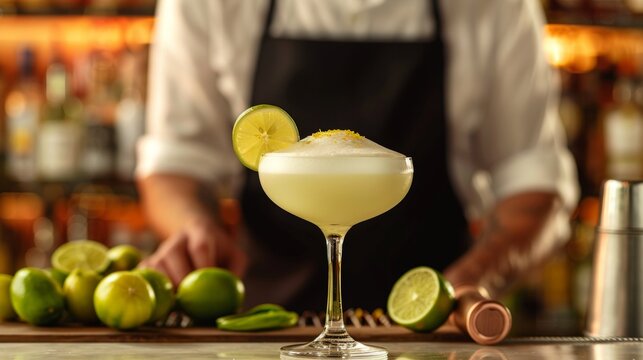 Professional bartender presenting a freshly made pisco sour on a bar counter, with lime garnish