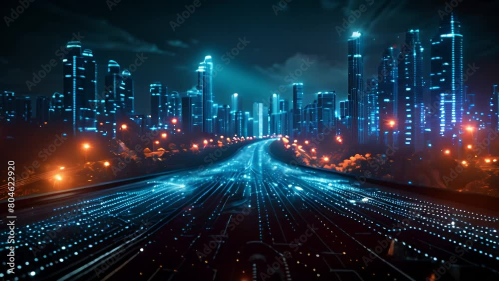 Poster a nighttime view of a modern city with glowing digital network pathways.