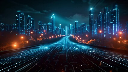 A nighttime view of a modern city with glowing digital network pathways.