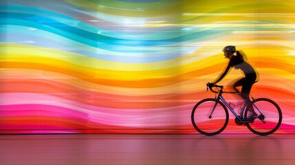 Cyclist riding at night with neon light painting on bike frame for artistic effect