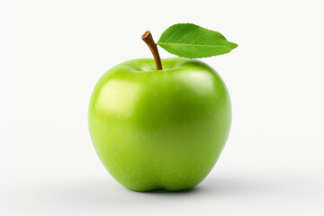 Single green apple fruit with green leaf isolated on transparent background. Granny smith apple....