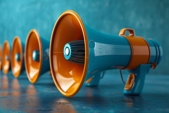A row of orange megaphones set against a blue textured backdrop, emphasizing repetition and color contrast