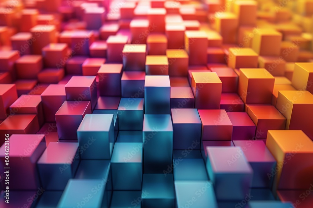 Poster an array of uniform 3d blocks creating an endless sea with a gradient of warm colors