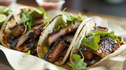 Asian-inspired tacos filled with tender slices of triple-layer pork belly, a fusion of flavors."