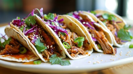 Asian-inspired tacos filled with tender shredded pork ribs, a fusion of flavors."