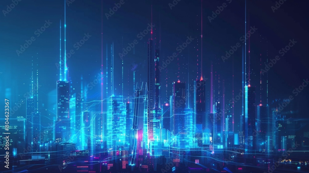 Poster big data connection technology. cityscape telecommunication and communication network concept.