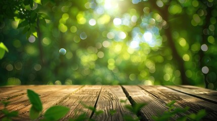 wooden green blur table picnic illustration background summer, park garden, nature outdoor wooden green blur table picnic. Beautiful simple AI generated image