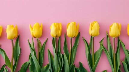 Yellow tulips against a pink backdrop evoking the essence of springtime or International Women s Day
