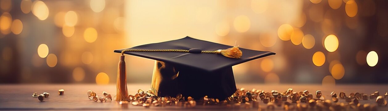 A black graduation cap rests on a table covered in gold glitter. The cap is illuminated by a warm light, and the glitter sparkles in the background.