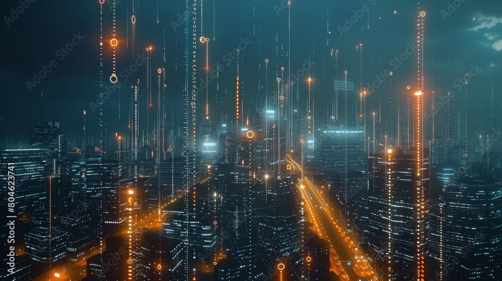 Poster big data connection technology. cityscape telecommunication and communication network concept.