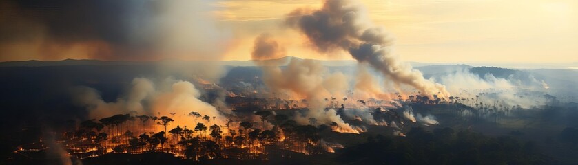 A wildfire burns through the Amazon rainforest, releasing smoke and ash into the atmosphere. The fire is a threat to the environment and to the people who live in the area.