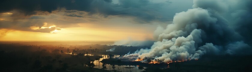 A vast landscape is on fire, with thick smoke billowing into the sky - obrazy, fototapety, plakaty