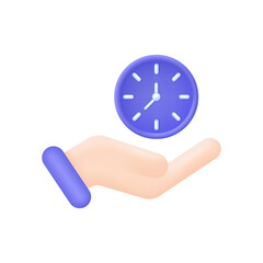3D Hands holding clock icon. Self organization, Time management, time set, timing, day planning concept. Trendy and modern vector in 3D style