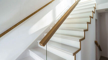 Frost white stairs with a wooden handrail, full side view in a contemporary home.