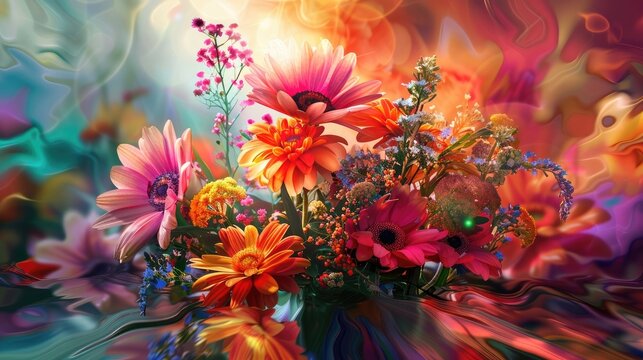 Wonder and dynamic colors Bouquet of impossible unique many kind of flowers on a design magic table joy with colorful backgrounds
