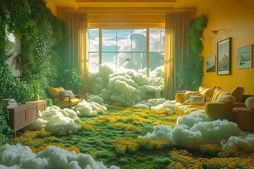 An enchanting room filled with clouds at sunset, invoking a dreamy and peaceful atmosphere with a touch of surrealism