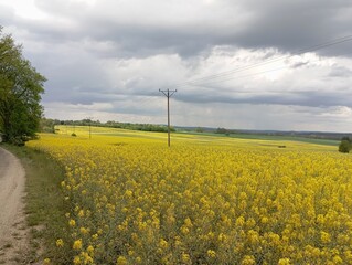 electric poles in a rapeseed field - landscape just before the storm